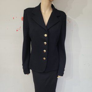 ST JOHN Basics Size 14 Black Blazer Skirt Suit